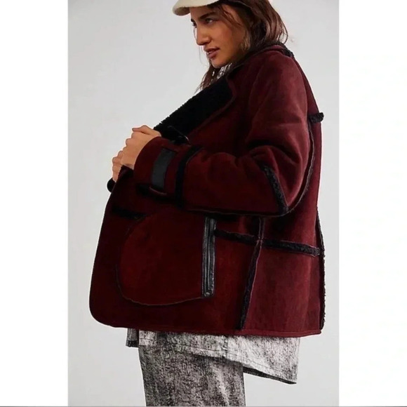 New Free People Cassidy Cozy Jacket Coat Suede Leather Sherpa Oversized Taupe - Picture 10 of 13